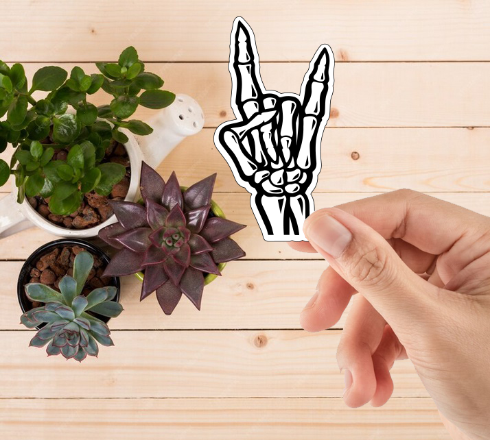 Woman holding a bones metal fingers devil horns fun laptop water bottle sticker high quality graphics to put on your water bottle or laptop