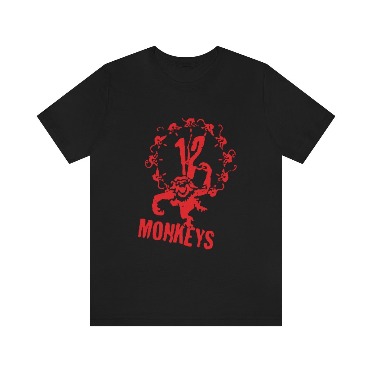 Front image of a very comfortable black 12 monkeys shirt with red graphics to wear at your favorite convention